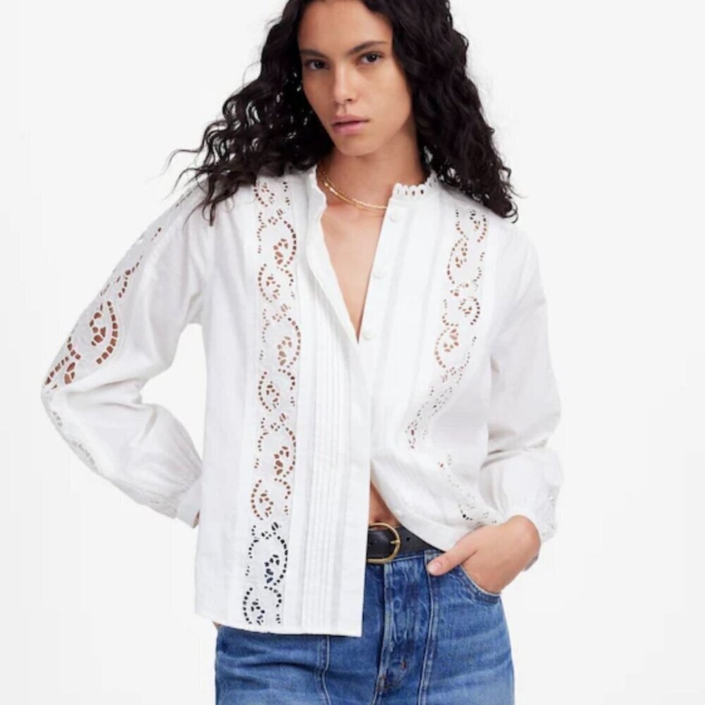 NWT Madewell White Lace-Inset Pintucked Button-Up Top - Size: Medium